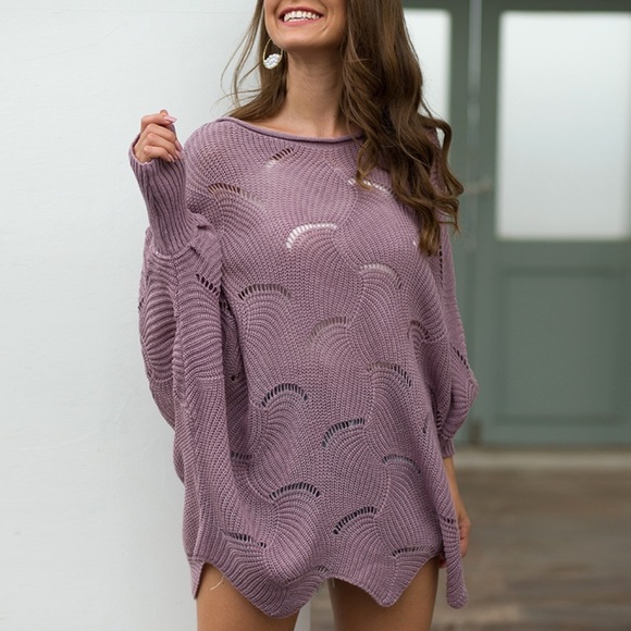 Vivian Boutique Sweaters - NEW Purple Oversized Scallop Crochet Knit Sweater